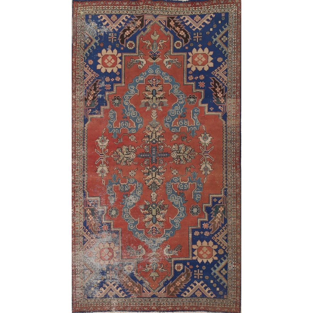Distressed Tabriz Persian Vintage Area Rug Handmade Orange Wool Carpet - 5'4" x 9'8"