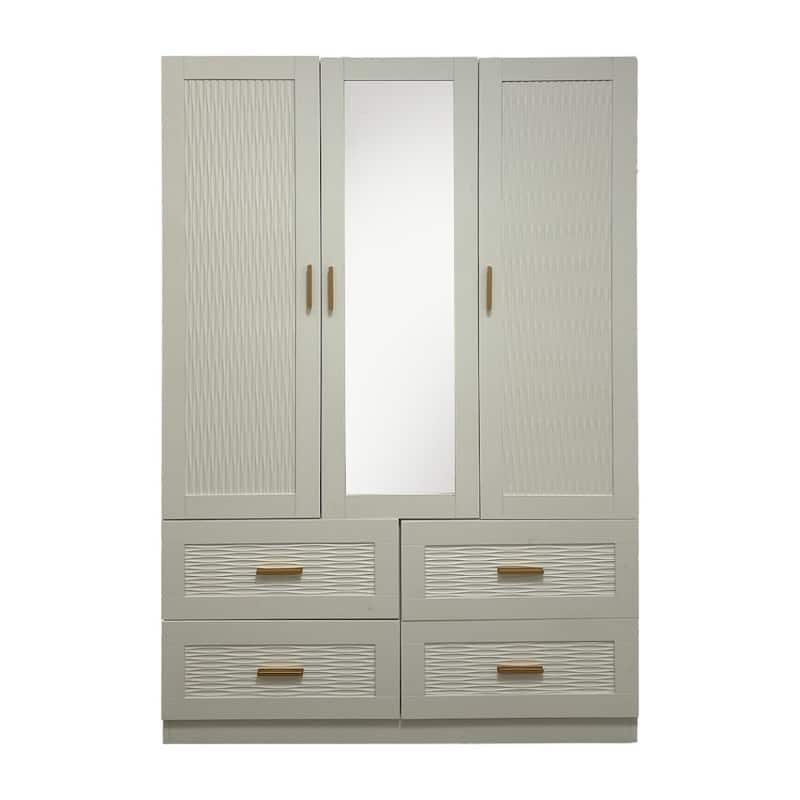 HomeRoots 75" White Ribbed Texture Wood Mirrored Three Door Four Drawer Combo Dresser