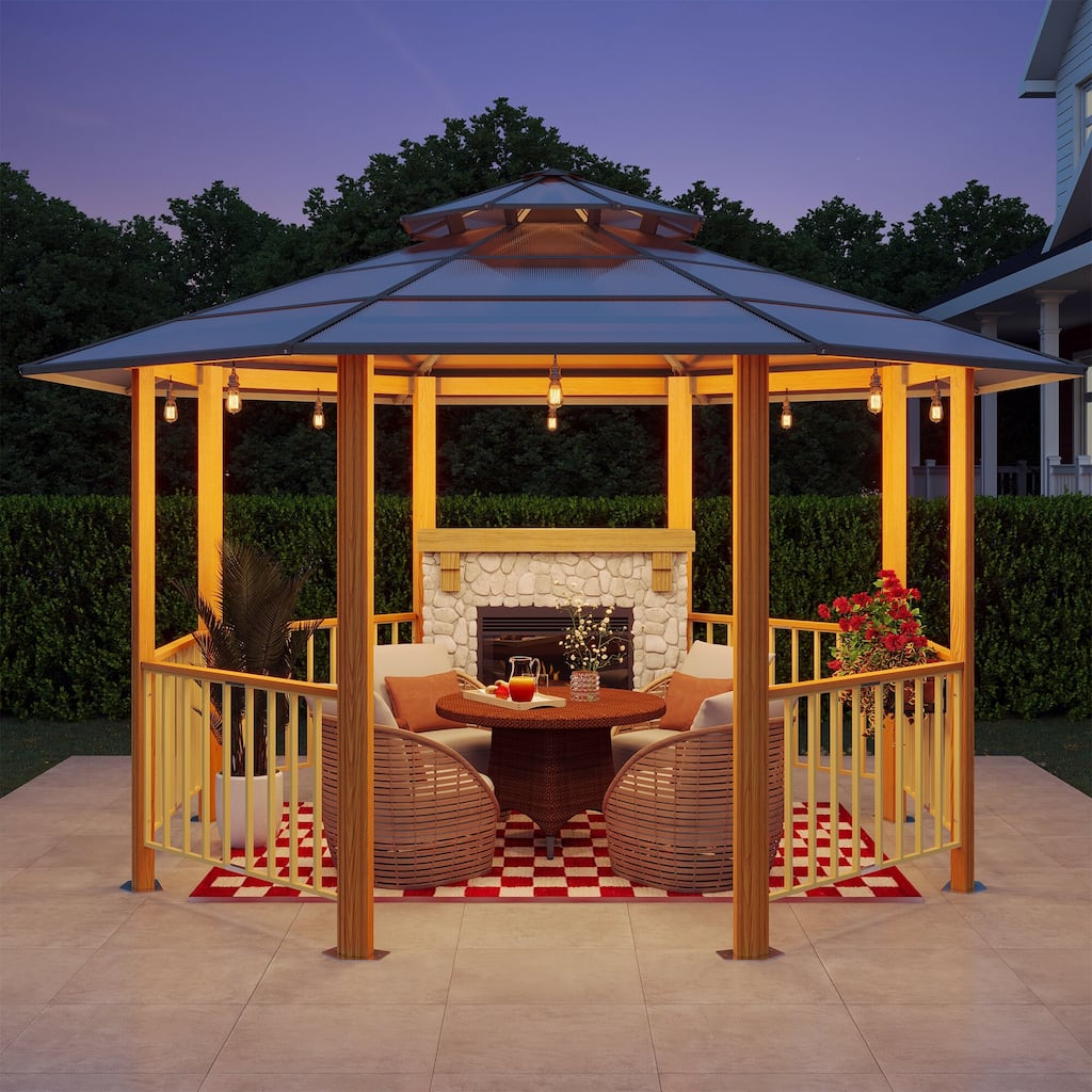 14.3' x 14.3' York Octagonal Gazebo, Galvanized Steel Dual Roof, Aluminum Frame, Outdoor Pavilion with Rails & Ceiling Hook