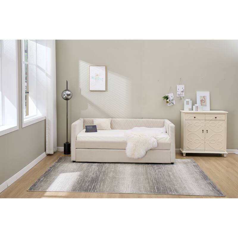 Twin Size Upholstered Daybed with Trundle, Velvet Sofa Bed with USB Port & Side Pockets, Modern V-Grained Backrest Guest Bed