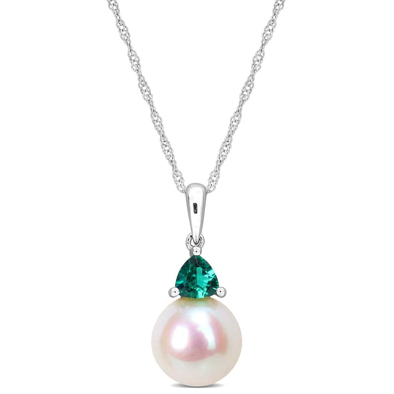 Miadora 8-8.5mm Cultured Freshwater Pearl and 1/5ct TGW Created Emerald Pendant with Chain in 10k White Gold - 19 mm x 8.4 mm
