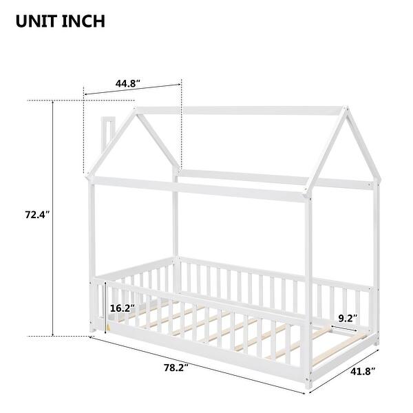 Twin Size Pine Wood House Bed Frame with Guardrails & Slats, White