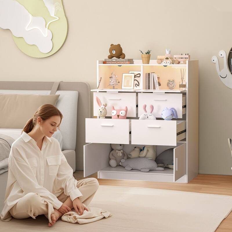 VECELO Bedroom Dresser with Adjustable LED Lights & Power Outlet Chest of 6 Drawers with Raised Edge and Large Storage Capacity