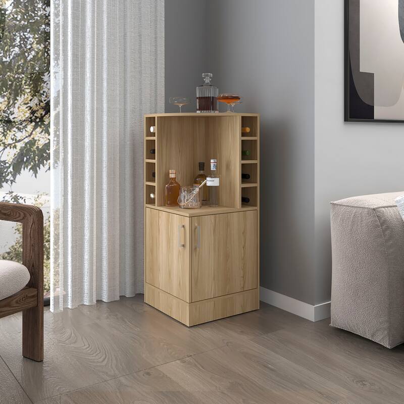 FM FURNITURE Toyei Corner Bar Cabinet with Bottle Rack, Open Shelves, and Hidden Storage
