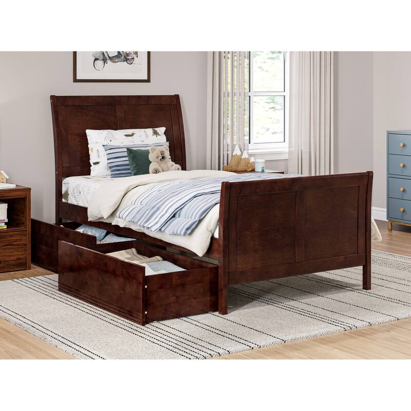 AFI Portland Twin Size Platform Bed with Matching Footboard & Storage Drawers in Walnut
