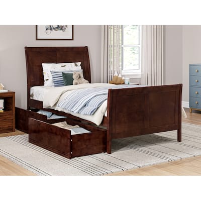 AFI Portland Twin Size Platform Bed with Matching Footboard & Storage Drawers in Walnut