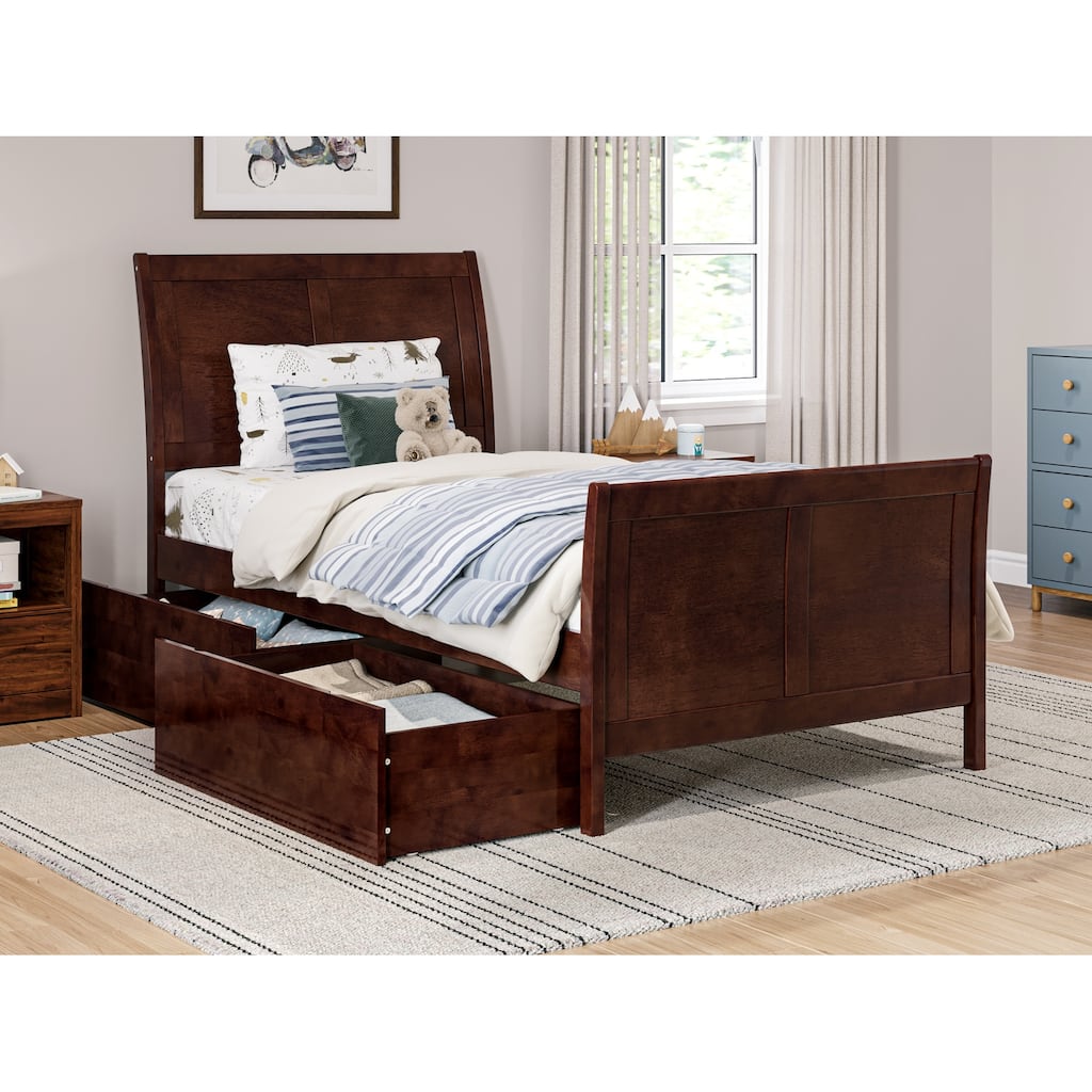 AFI Portland Twin Size Platform Bed with Matching Footboard & Storage Drawers in Walnut