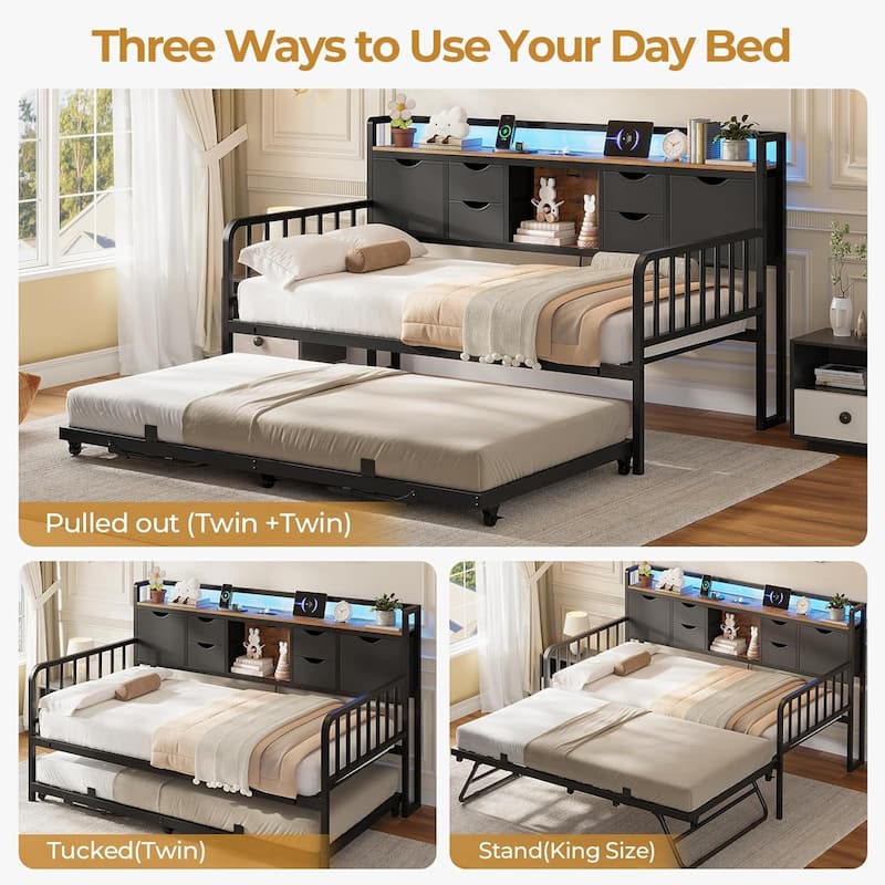 Daybed with Trundle Charging Station LED Lights Storage Headboard