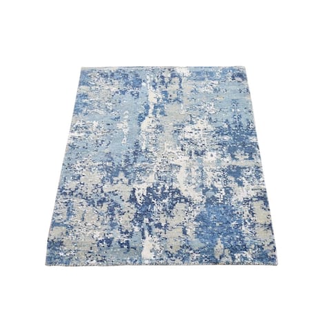 Shahbanu Rugs Blue, Abstract Design, Hand Knotted, Wool and Real Silk, Mat, Oriental Rug (2'2" x 3'2") - 2'2" x 3'2"