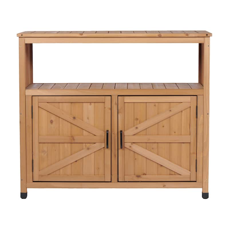 Outdoor Patio Storage Cabinet with Slatted Cedar, Wooden Patio Bar Table, Buffet Cabinet Sideboard Console Table