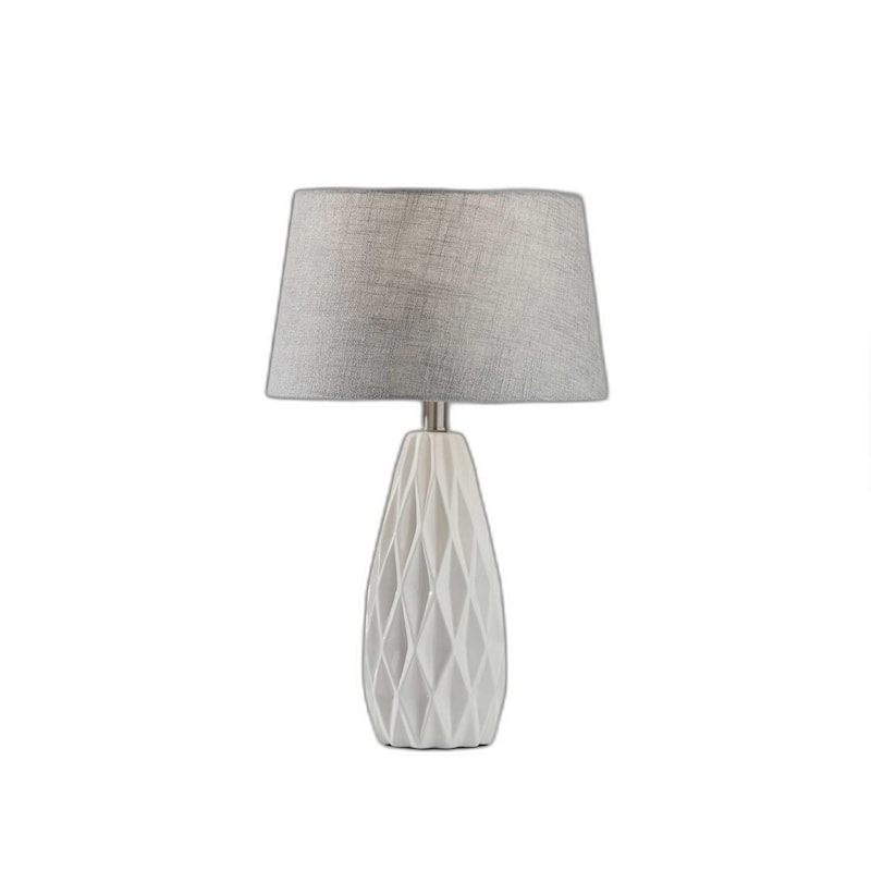 White Ceramic Base Bedside Table Lamps Set of 2 with Grey Fabric Drum Shades Rotary Switch - 13.75” x 13.75” x 22.5” (D x W x H)