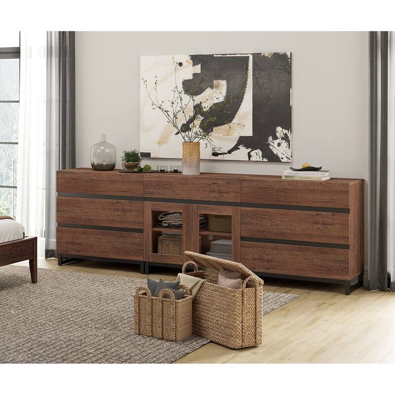 WAMPAT 3 in 1 Dresser with Glass Doors and 7 Drawers, Modern Chest of Drawers with Adjustable Shelf and Metal Base for Bedroom
