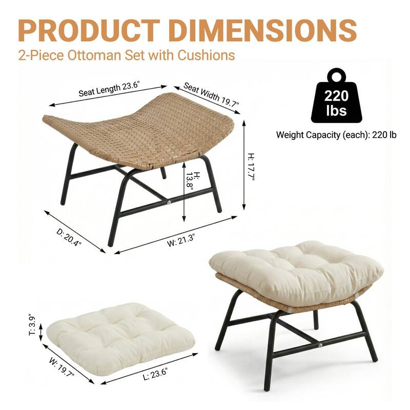 2-Piece Outdoor Wicker Ottomans with Cushions, Weather-Resistant Boho Patio Rattan Footrests for Garden, Porch, and Balcony