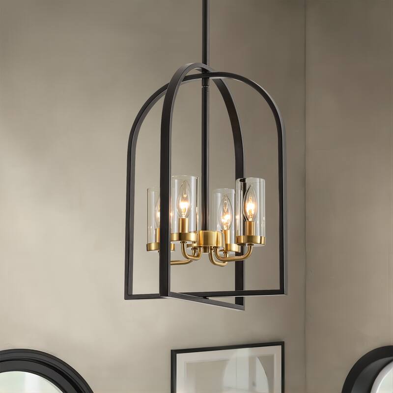 4-Light Farmhouse Industrial Matte Black Lattern Cage Chandelier with Clear Glass Tube for Use in Kitchen Island, Dining Room - Black/Clear/Gold - 15.7 in. W x 19.7 in. H x 15.7 in. D