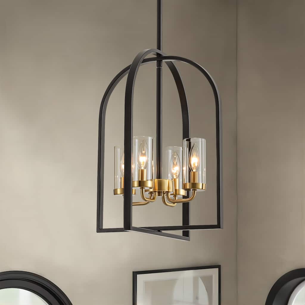 4-Light Farmhouse Industrial Matte Black Lattern Cage Chandelier with Clear Glass Tube for Use in Kitchen Island, Dining Room