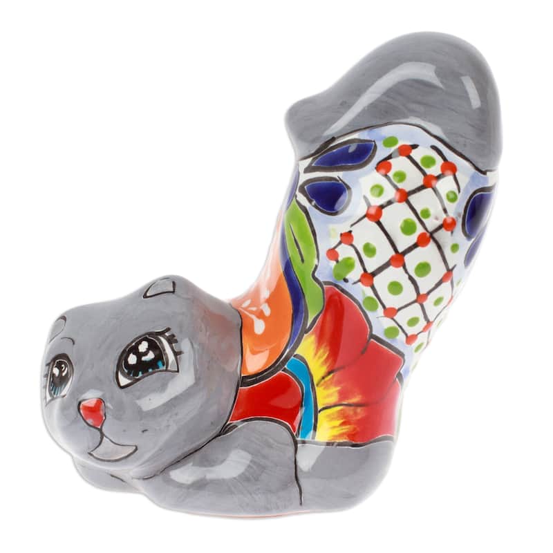Novica Handmade Feline Stretching Ceramic Figurine