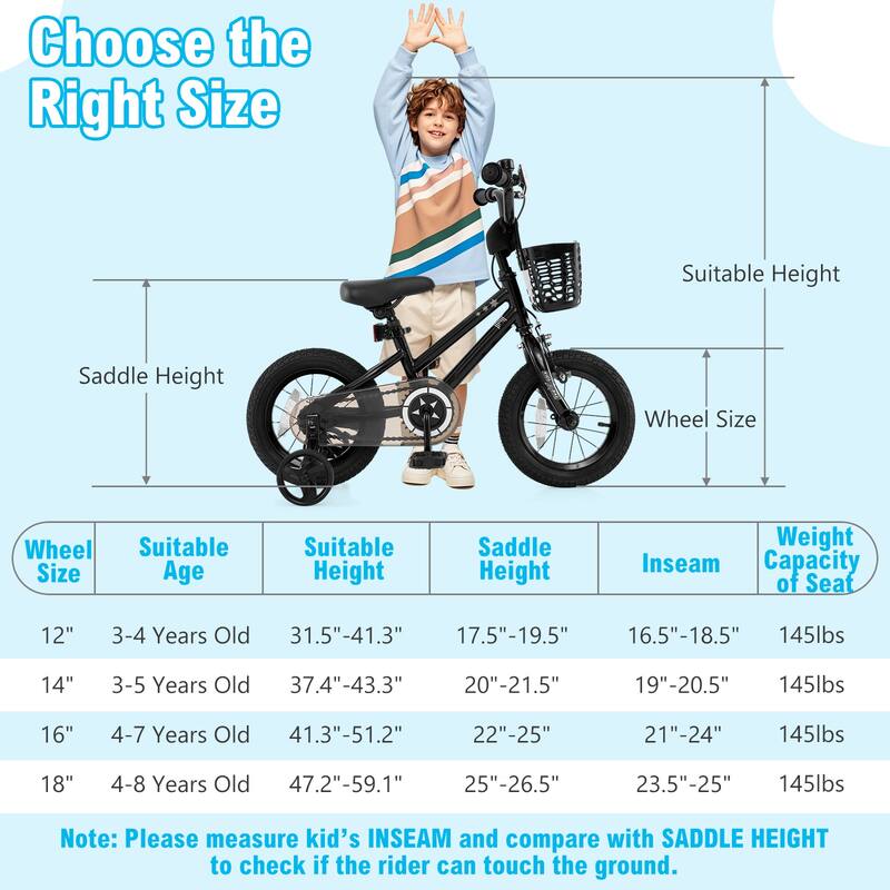Kids Bike with Basket Adjustable Seat and Training Wheels