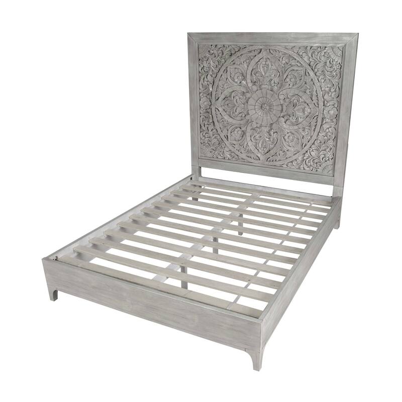 Full Size Platform Boho Bed, Carved Mandala High Headboard, Washed Gray