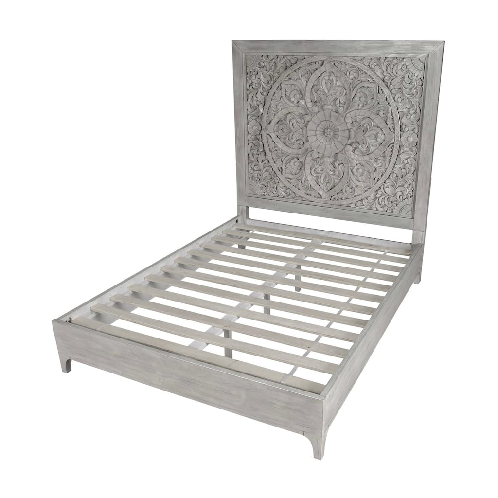 Full Size Platform Boho Bed, Carved Mandala High Headboard, Washed Gray