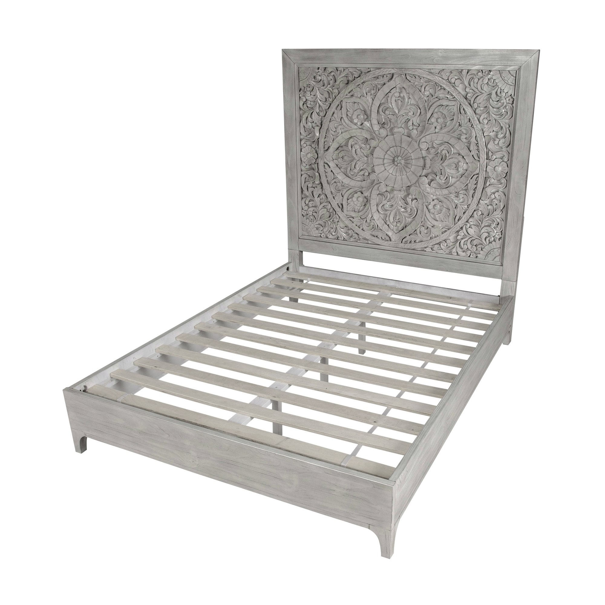 Full Size Platform Boho Bed, Carved Mandala High Headboard, Washed Gray