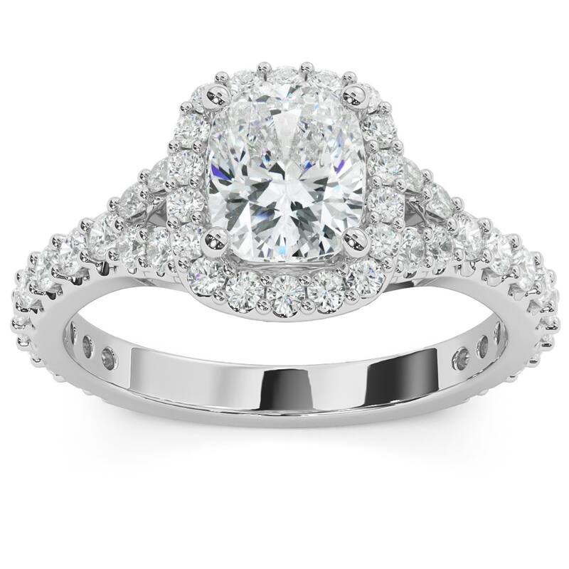 1 3/4ct Cushion Cut Diamond Halo Split Shank Engagement Ring White Gold
