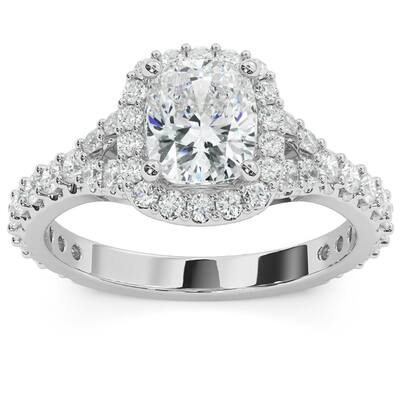 1 3/4ct Cushion Cut Diamond Halo Split Shank Engagement Ring White Gold