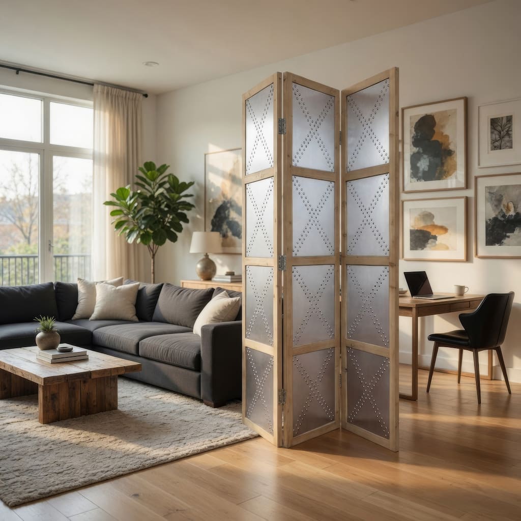 Contemporary 3 Panel Screen with Wood Frame & Nailhead Trim Design, Gray