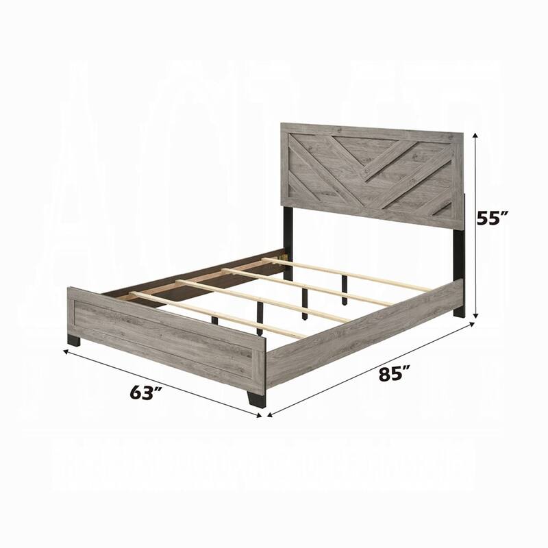 Rachy Queen Bed, Farmhouse Chevron Headboard, Light Gray Black Wood