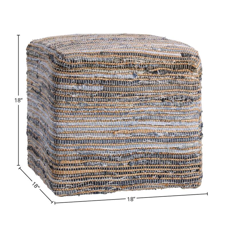 Frisco Hand Woven Square Pouf, Recycled Denim and Natural Jute