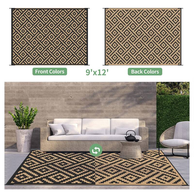 Reversible Charcoal Geometric Flat-Weave Recyclable Outdoor Rug