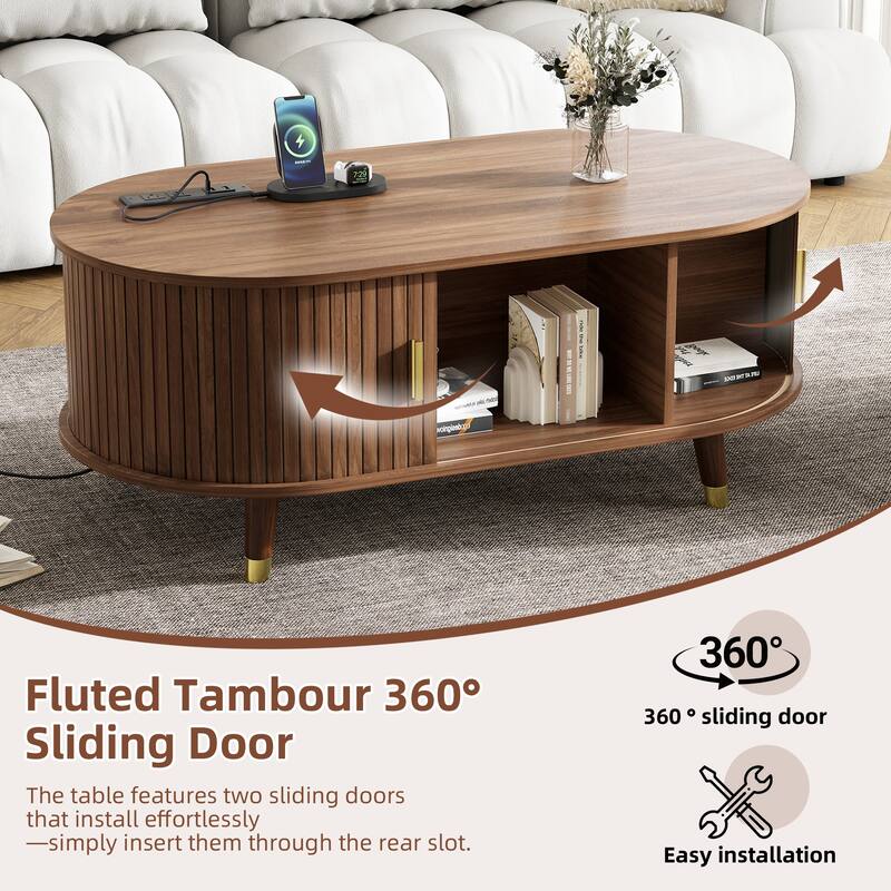 Oval Fluted TV Stand & Coffee Table Set with Charging Station, Media Console with Sliding Doors for TVs up to 80"