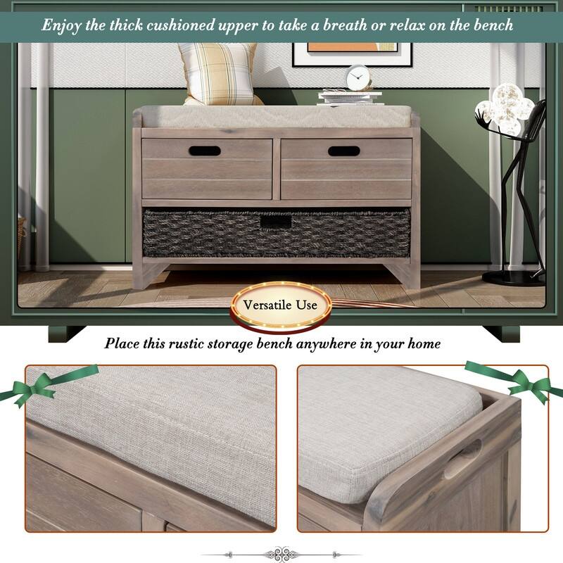 Grondin Retro Framhouse Style Entry Storage Shoe Bench with Padded Cushion, 2 Drawers and Removable Basket