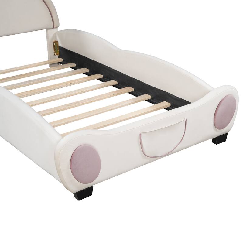 Velvet Platform Bed with Bear-Shaped Headboard and Bed-End Storage Pocket
