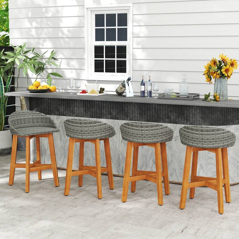Costway Outdoor Faux Rattan Bar Chairs Set of 2/4 Solid Acacia Wood - See Details