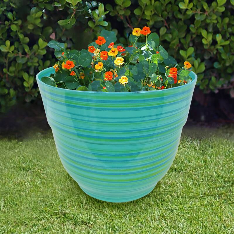 Turquoise Glossy Striped Planter with Drainage Hole