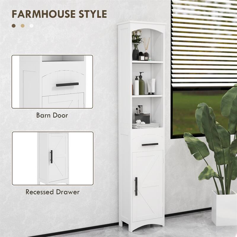 White Tall Cabinet with Drawer and Open Shelves Barn Door Style for Bathroom or Kitchen Use - 13.4" L x 9.4" W x 66.9" H