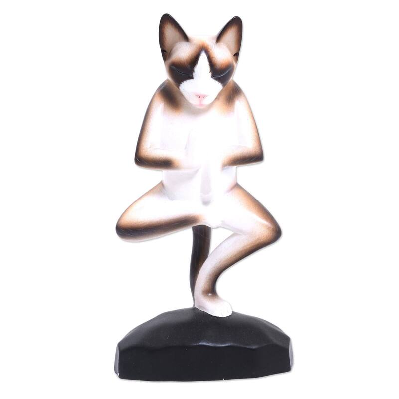 Handmade Wood Sculpture, 'Vrkasana Yoga Cat' (Indonesia) - 11.5" H x 6" W x 3.2" D - 11.5" H x 6" W x 3.2" D - Brown