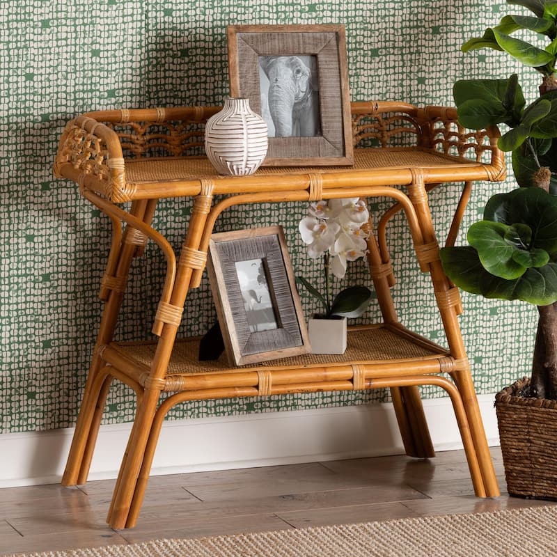 Nayana Modern Bohemian Natural Rattan 2-Tier Console Table