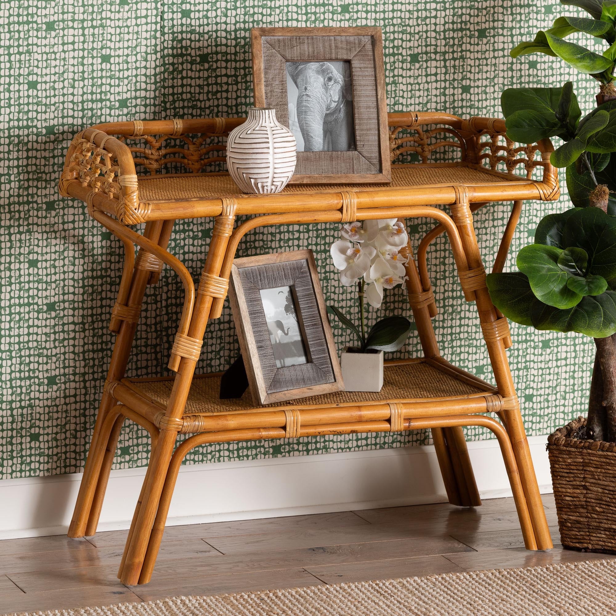 Nayana Modern Bohemian Natural Rattan 2-Tier Console Table