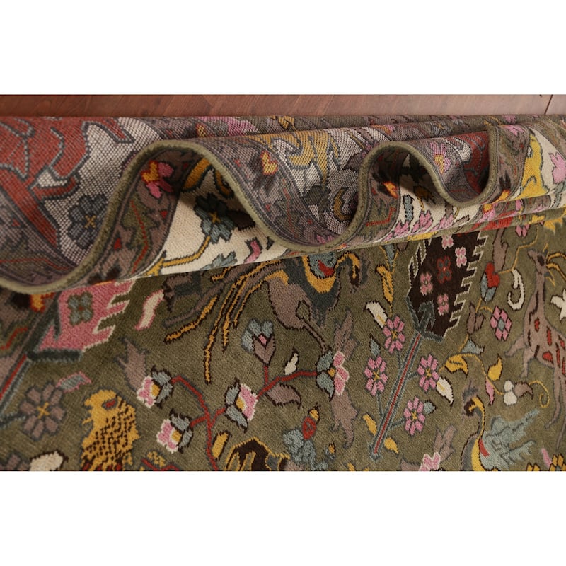 Hunting Animals Green Ziegler Indian Area Rug Handmade Wool Carpet - 9'1"x 11'11"
