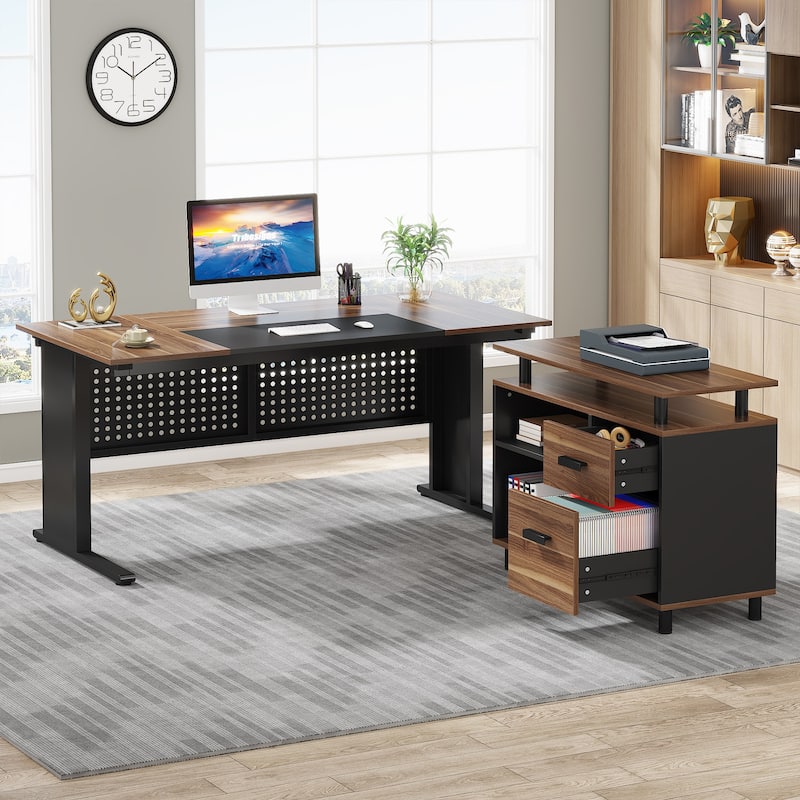 Executive Desk, Large Computer Desk with File Cabinet - Brown