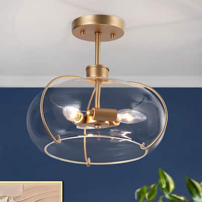 Modern Gold 3-Light Clear Glass Semi-Flush Mount Light Fixture Fishbowl Shape Foyer Ceiling Light for Kitchen Dining Room