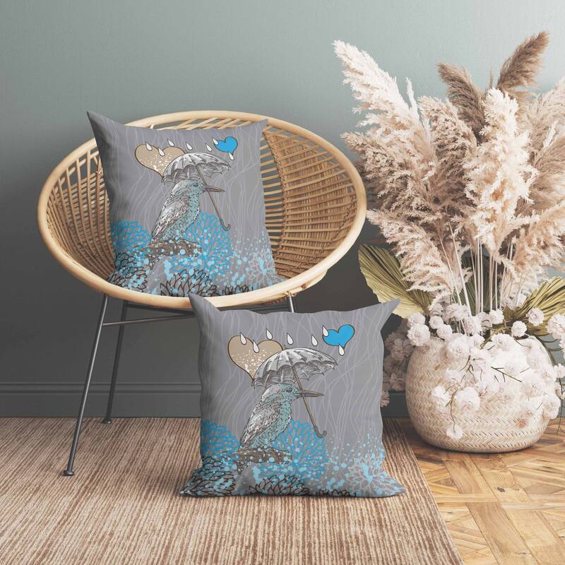 Bird with Umbrella Faux Suede Reversible Throw Pillow Gray and Blue