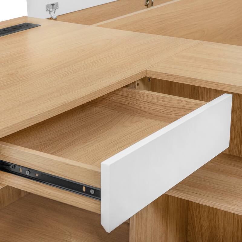 Full Size Wooden Platform Bed With 6 Drawers, Shelves, Desk And Wardrobe