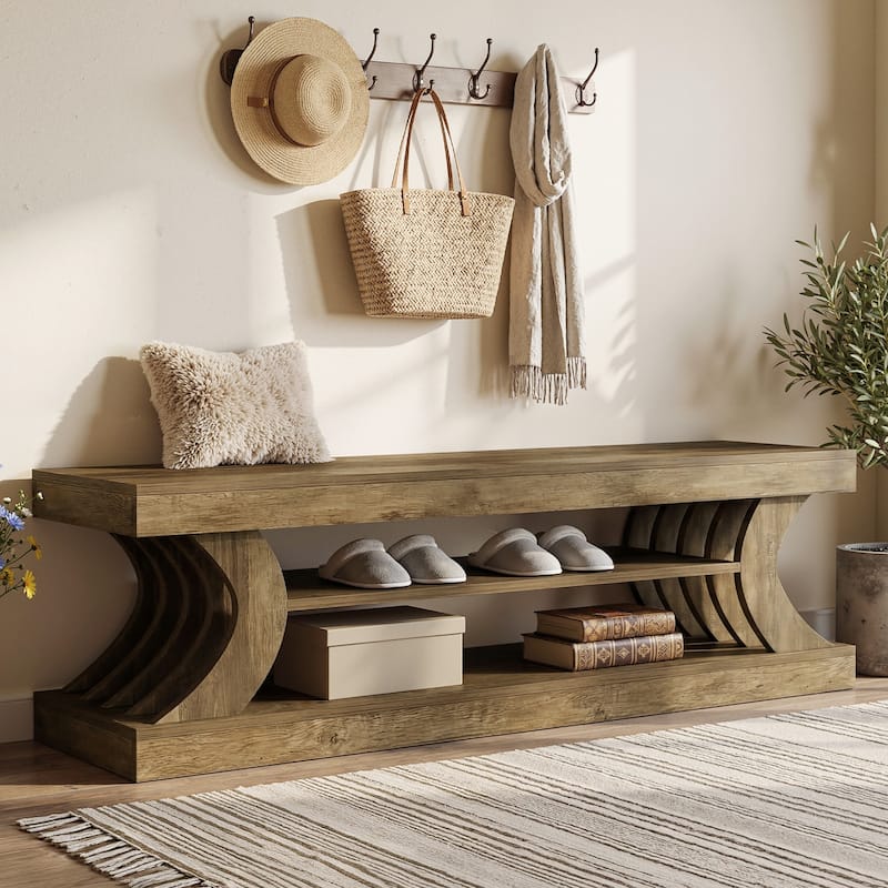 63" Entryway Bench, End of Bed Bench with Open Shelves, Shoe Storage Bench for Bedroom, Foryer, Hallway