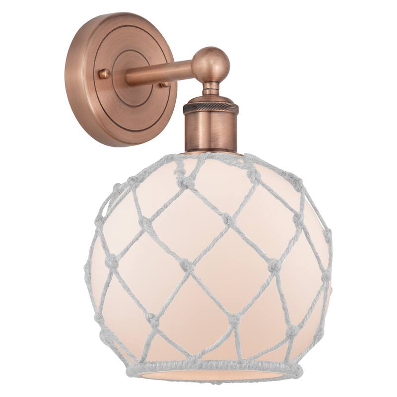 Innovations Lighting 616-1W-13-8 Farmhouse Rope Sconce Farmhouse Rope - Antique Copper / White Glass with White Rope