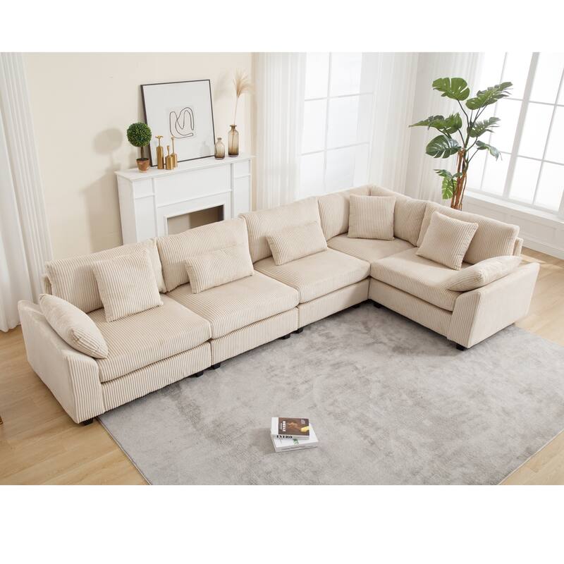 Oversized Modular Convertible Corduroy Fabric Sectional Sofa, Beige - Multi-Color