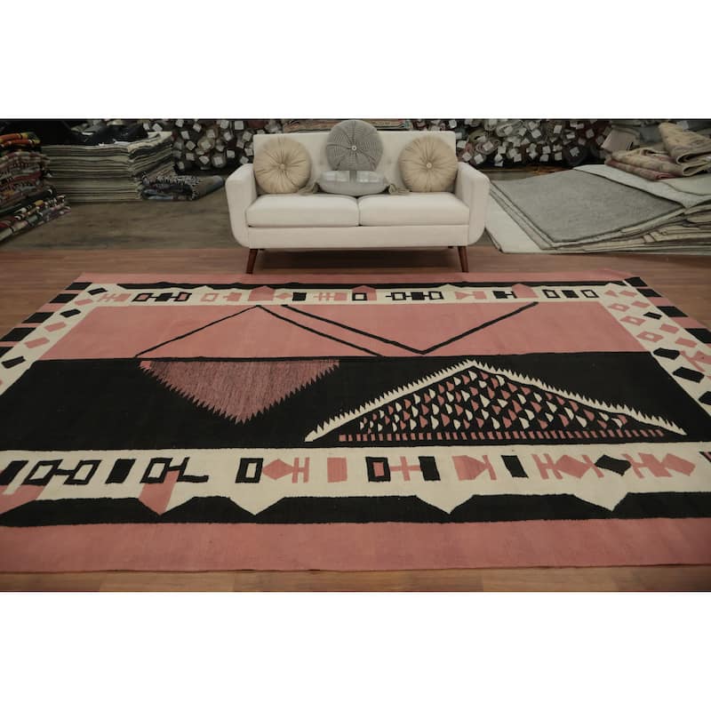 Hand Woven Oriental 100% Wool Carpet Southwestern Tribal Pink Kilim Area Rug - 11' 11'' X 8' 6''