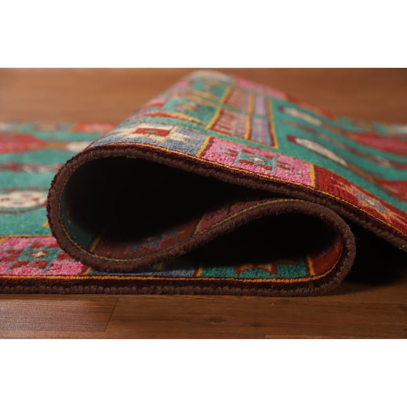 Hand Knotted Oriental 100% Wool Carpet Traditional Tribal Green Heriz (serapi) Runner Rug - 9' 10'' X 4' 2''