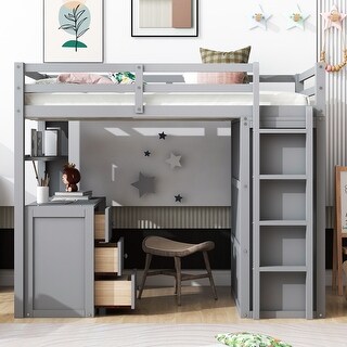 Versatile Wardrobe Storage Bed Twin Gray Loft Bed with Desk, Drawers